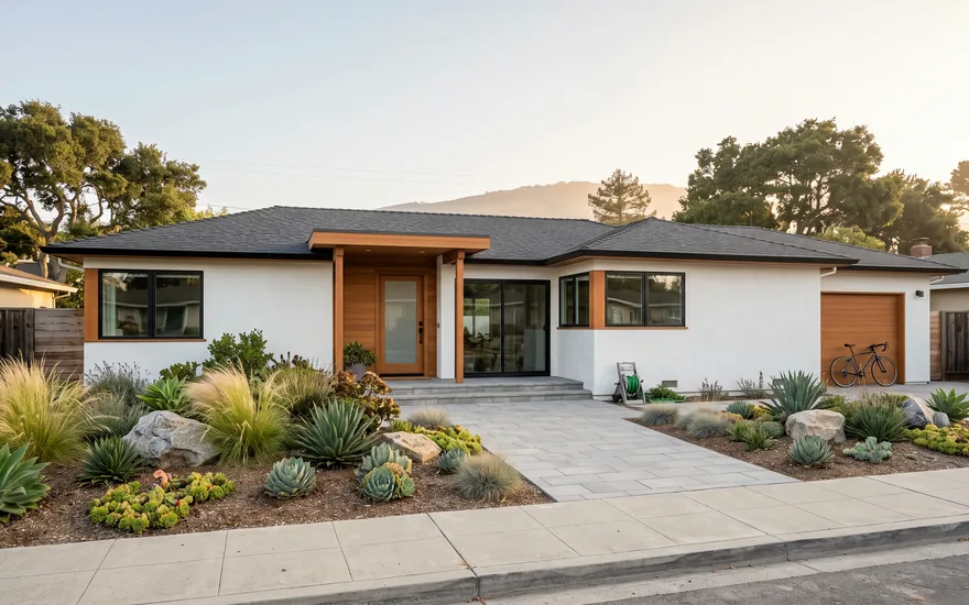 Mid-century ranch home with a composition shingle roof in Riverside, CA