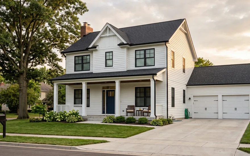 Two-story white farmhouse with an architectural shingle roof in Columbus, OH